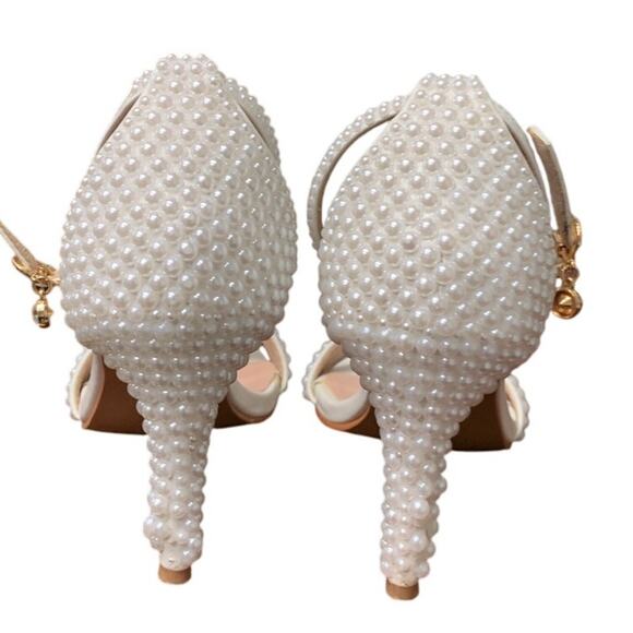 Crystal Queen Womens Size 5.5 Pearl White Open Toe 3.5" Heel Ankle Strap Shoes - Picture 6 of 8